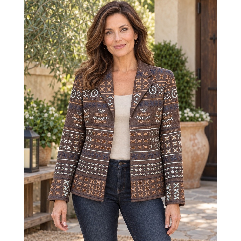 Coldwater Creek Womens 8P Brown Embroidered Beaded Blazer Southwestern Boho